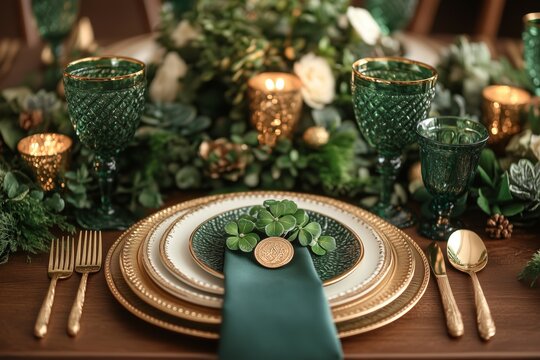 St. Patrick's Day table setting, white plate, green napkin, shamrocks, gold coins, green beer, festive