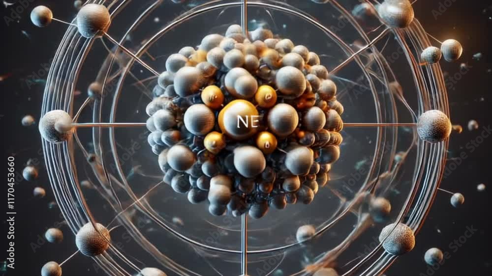 Poster animation of atom models spinning on blue background. global science, research, connections, computi