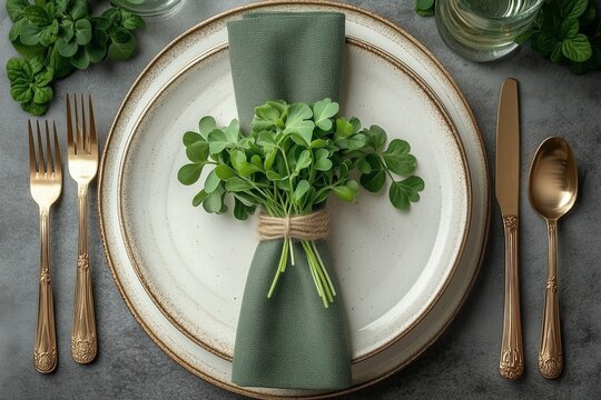 St. Patrick's Day table setting, white plate, green napkin, shamrocks, gold coins, green beer, festive