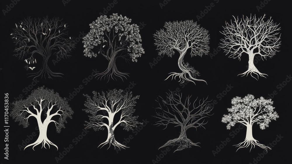 Poster set of tree symbols as a signs or emblems. vector version also available