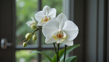 White orchid flowers against a blurred window background