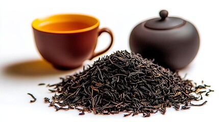 Fototapeta premium Black Tea Ceremony: A serene image featuring a pile of loose black tea leaves, a traditional teapot, and a teacup, capturing the essence of a relaxing tea ritual.