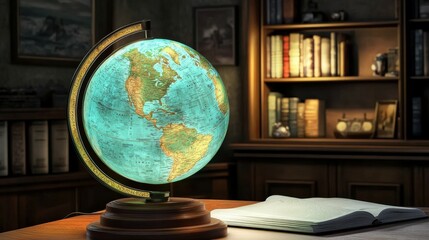 Global Exploration: A vintage globe sits on a mahogany desk, illuminated by the warm glow of a nearby lamp.  The antique globe, with its faded blue oceans and continents.