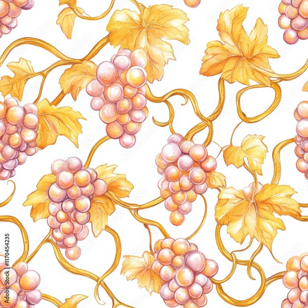 Poster colorful watercolor doodle of grapevines with clusters of grapes and leaves on a white background