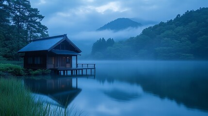 Fototapeta premium Misty mountain lake cabin, tranquil dawn scene, serene reflection