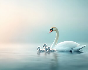 Obraz premium A swan leading her cygnets in a synchronized swim.