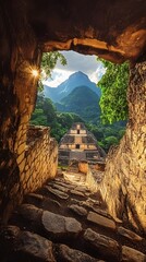 Obraz premium A stunning view of ancient ruins framed by rocky archways and lush greenery.