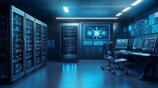 Futuristic room filled with quantum computing servers and software interfaces analyzing complex cryptographic protocols leaving copy space at the top right for text overlay