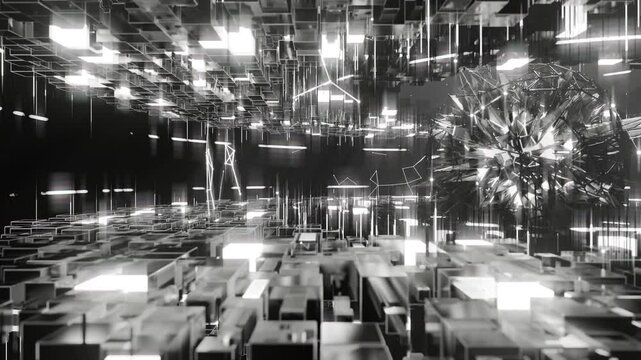 A geometric luminous sphere surrounded by platforms and lights in an abstract technological environment. Video loop seamless synchronized at 120 bmp