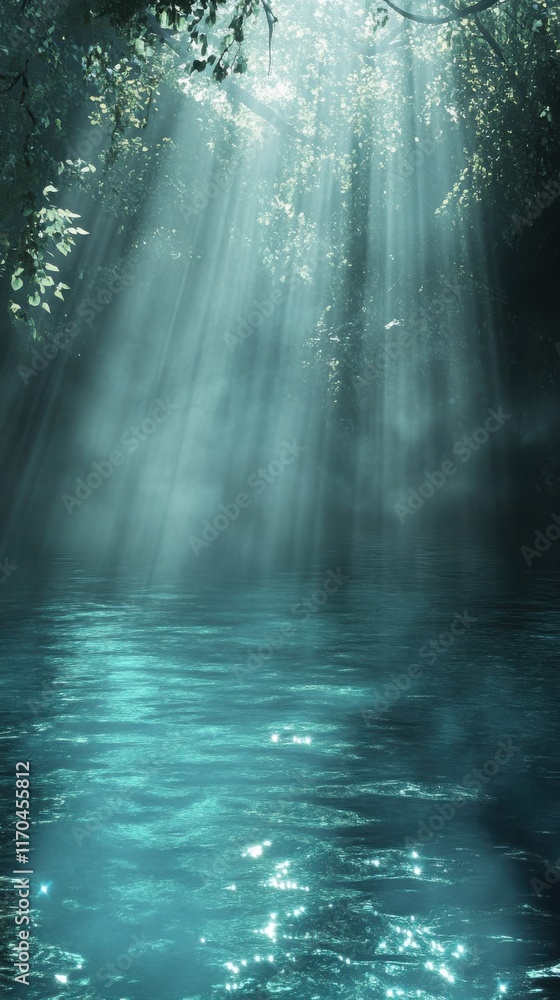 Poster captivating teal waters illuminated by soft sunlight beams in a mystical space filled with tranquili