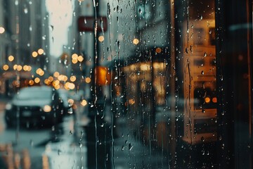 A close-up of raindrops on a window reflects the subdued urban landscape, showcasing the interplay between nature and city life.