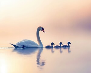Obraz premium A swan leading her cygnets in a synchronized swim.