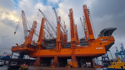 Fototapeta premium Offshore platform construction, shipyard, cranes, harbor, sunset