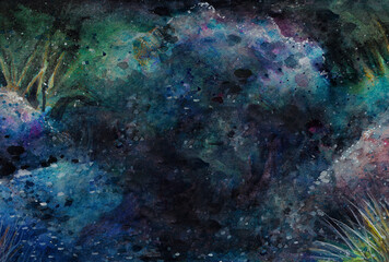 Underwater abstract background. Watercolor drawing texture flora and fauna.
