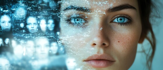Womans face shown on a computer screen, surrounded by a chaotic array of faces, representing confusion, bombardment of thoughts, and emotional overload
