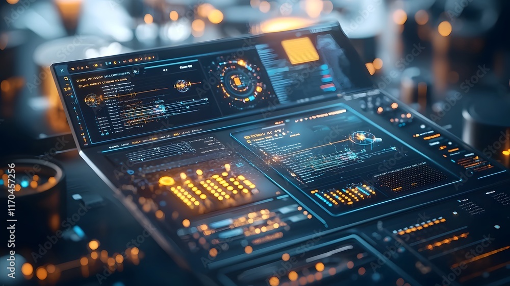 Poster Futuristic and sleek quantum software dashboard visualizing complex cryptography processes with glowing holograms and a minimalist high tech layout
