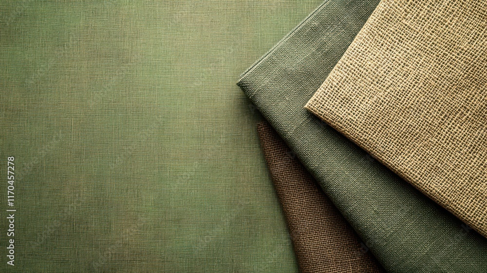 Poster collection of textured fabrics in muted olive green tones with natural fibers for crafting and desig