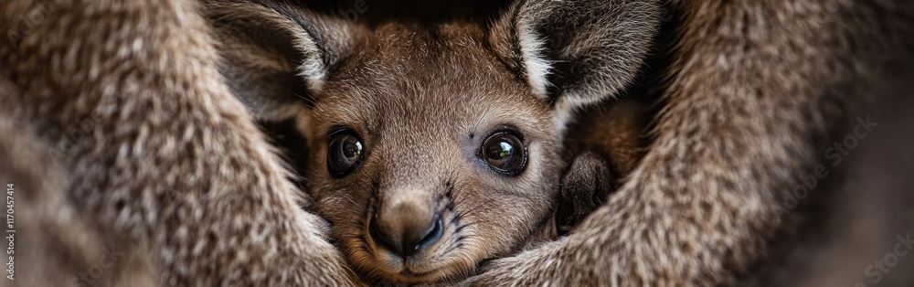 Aufkleber close-up view of a curious kangaroo joey peering from its mother's pouch in the australian bush duri