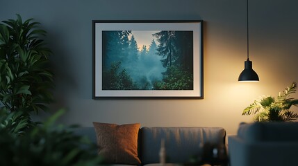 picture frame mockup with soft ambient lighting and cozy living room setup