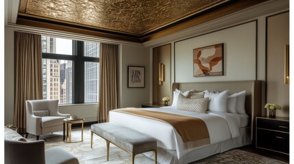 Luxurious bedroom featuring gold accents and modern design with stunning city views