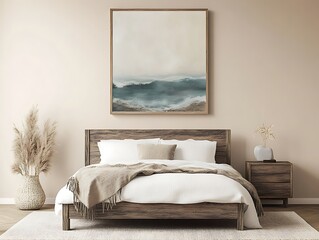 large frame mockup on neutral-toned wall with clean and simple furniture below