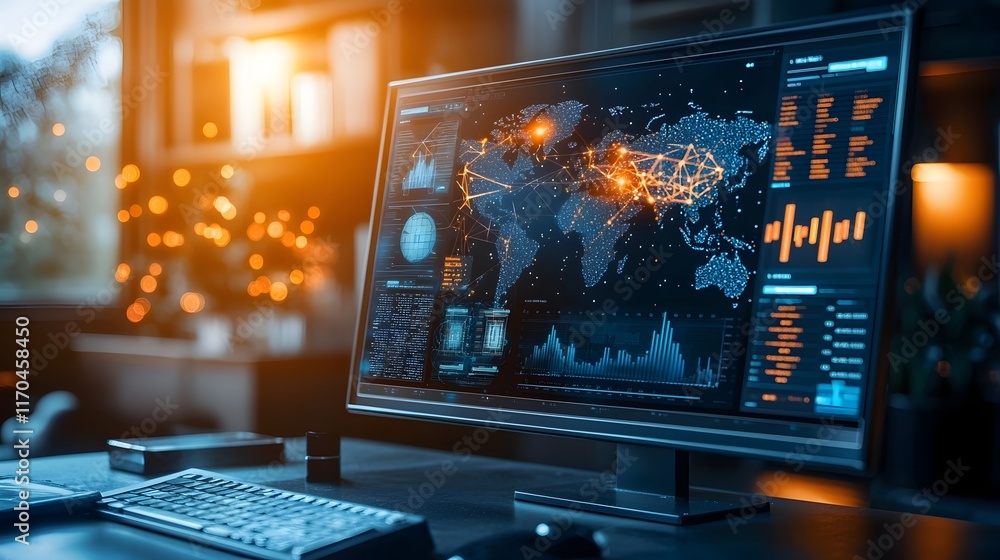 Poster glowing quantum dashboard processing global big data in real time with entangled qubits visualized a