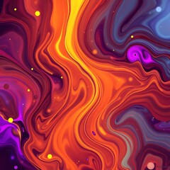 Obraz premium Abstract swirling fluid art painting in vibrant orange, purple, and yellow hues with scattered dots, ideal for backgrounds and design projects.