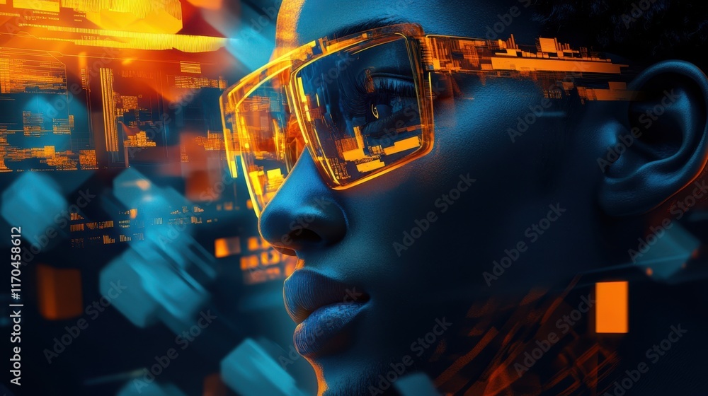 Poster high-energy depiction of a trader immersed in data analysis with vibrant visuals in a digital tradin