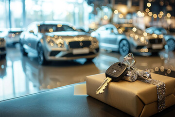 Car key on gift box in luxury showroom