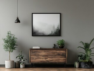 elegant black frame mockup in modern home office with neutral tone