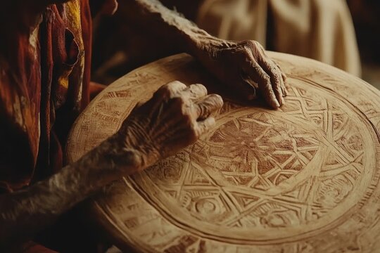 Artisan's hands sculpt clay plate, workshop, detail