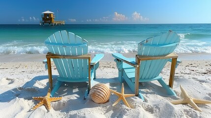 Two blue beach chairs on white sand facing ocean. Seashells and starfish in front.
