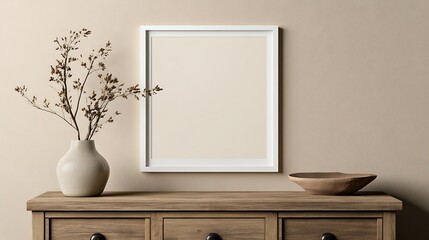 mockup of white frame on neutral background with minimal decor
