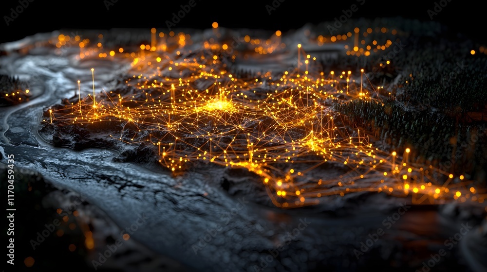 Poster Quantum Computing Powered Virtual Data Map with Luminous Flow of Information and Optimization  Futuristic Technology Concept Showing Big Data Analytics and Intelligence