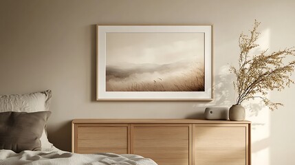 mockup of white frame on neutral background with minimal decor