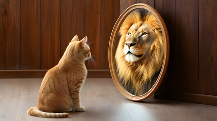 Fototapeta na wymiar Cat is sitting in front of a mirror and looking at its reflection