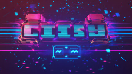 Game over screen glitch background. Vector vintage poster with digital glitched color pixel noise on display. Computer game defeat, blue and purple neon glowing noisy distortion and abstract stripes
