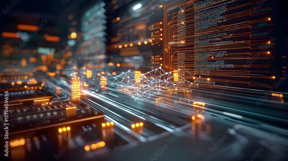 Poster Virtual big data map processed by quantum computing with luminous connections representing data flow and quantum optimization leaving copy space on the left side