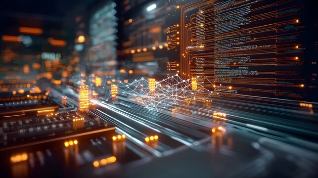 Virtual big data map processed by quantum computing with luminous connections representing data flow and quantum optimization leaving copy space on the left side