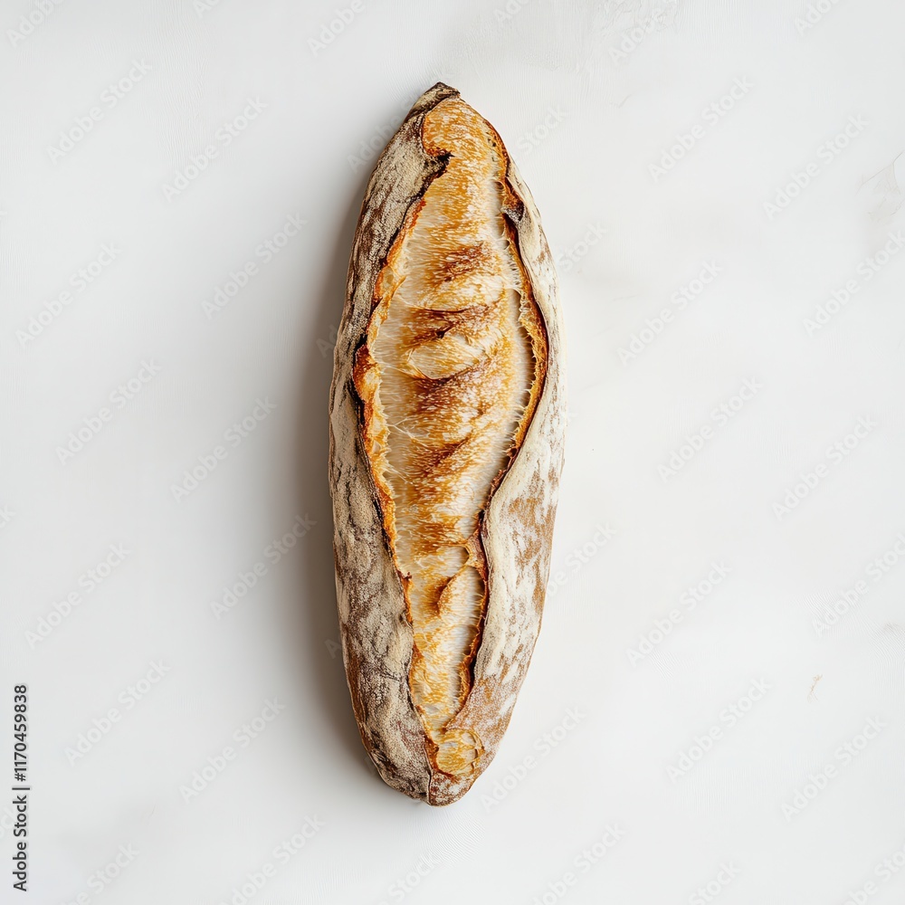 Poster fresh baguette with golden crust resting on a clean surface in a cozy kitchen setting ideal for culi