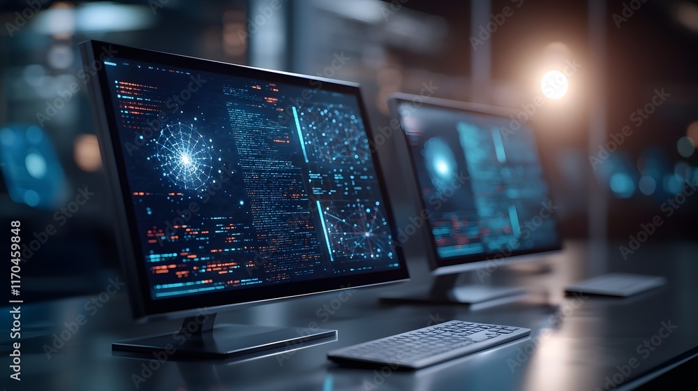 Poster quantum computing simulation of big data analysis featuring holographic displays and qubit visualiza