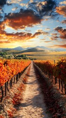 Fototapeta premium Vibrant autumn vineyard landscape under a colorful sunset