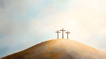 Three crosses are on a hill