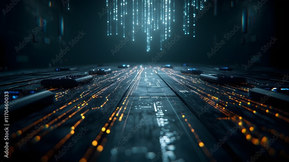 Poster a futuristic quantum laboratory processing and visualizing big data streams from iot devices with gl