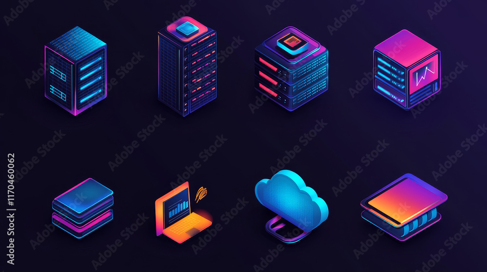 Poster database, network server and cloud storage icons. file storage center, hosting platform technology o
