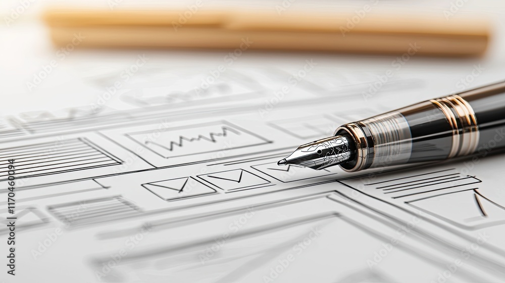Aufkleber a close-up of a pen resting on a sketch of graphs and layouts, showcasing design or planning element