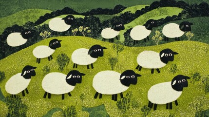Flock of sheep grazing on vibrant green hills in a serene countryside setting