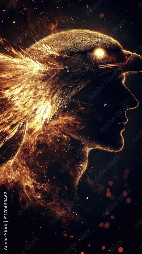 Aufkleber Dynamic profile of a man merging with an eagle in a fiery representation of spirit and strength