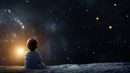 Obraz premium Child gazing at stars on lunar surface with vibrant colors