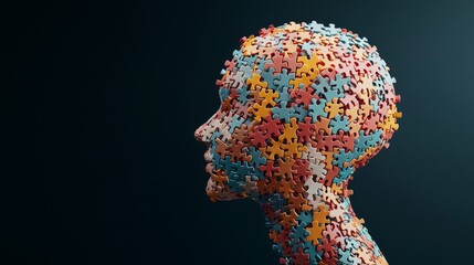 Puzzle piece portrait artistic representation of human identity studio digital art creative environment side view conceptual exploration